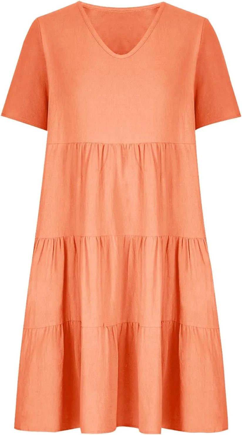 2025 Summer Dress for Women Cotton Linen Casual V Neck Short Sleeve Tiered Dress Swing Midi Dress A-Line Dresses