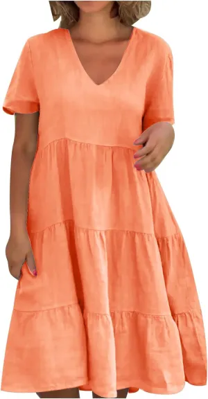 2025 Summer Dress for Women Cotton Linen Casual V Neck Short Sleeve Tiered Dress Swing Midi Dress A-Line Dresses