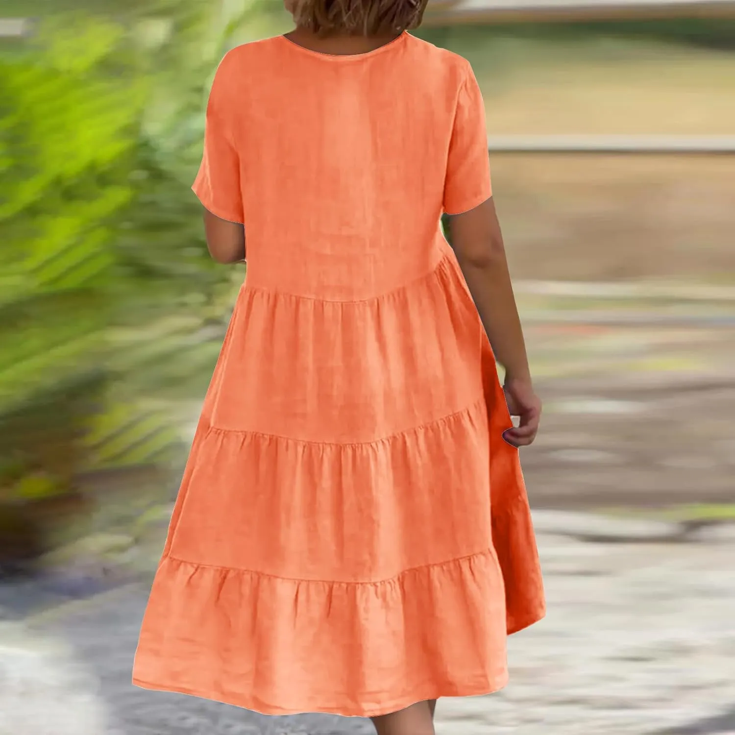 2025 Summer Dress for Women Cotton Linen Casual V Neck Short Sleeve Tiered Dress Swing Midi Dress A-Line Dresses