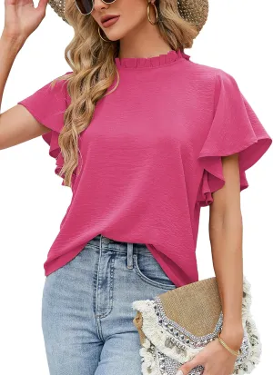 Aifer Womens Summer Ruffle Short Sleeve Dressy Casual Blouses Mock Neck Tops Elegant Work Shirts