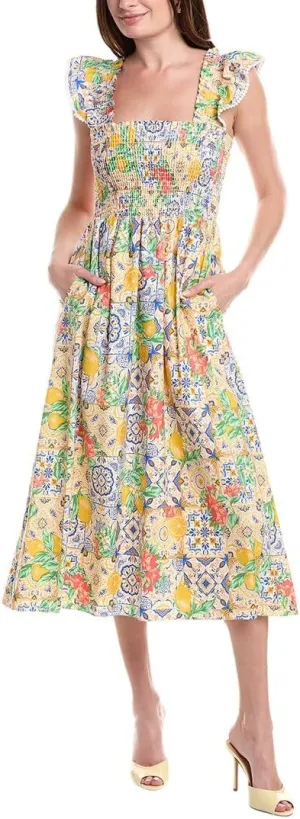 Anne Klein Womens Smocked Cotton Midi Dress