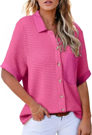 Astylish Womens Waffle Knit Button Down Shirts Tops Casual V Neck Short Folded Sleeve Dressy Blouses