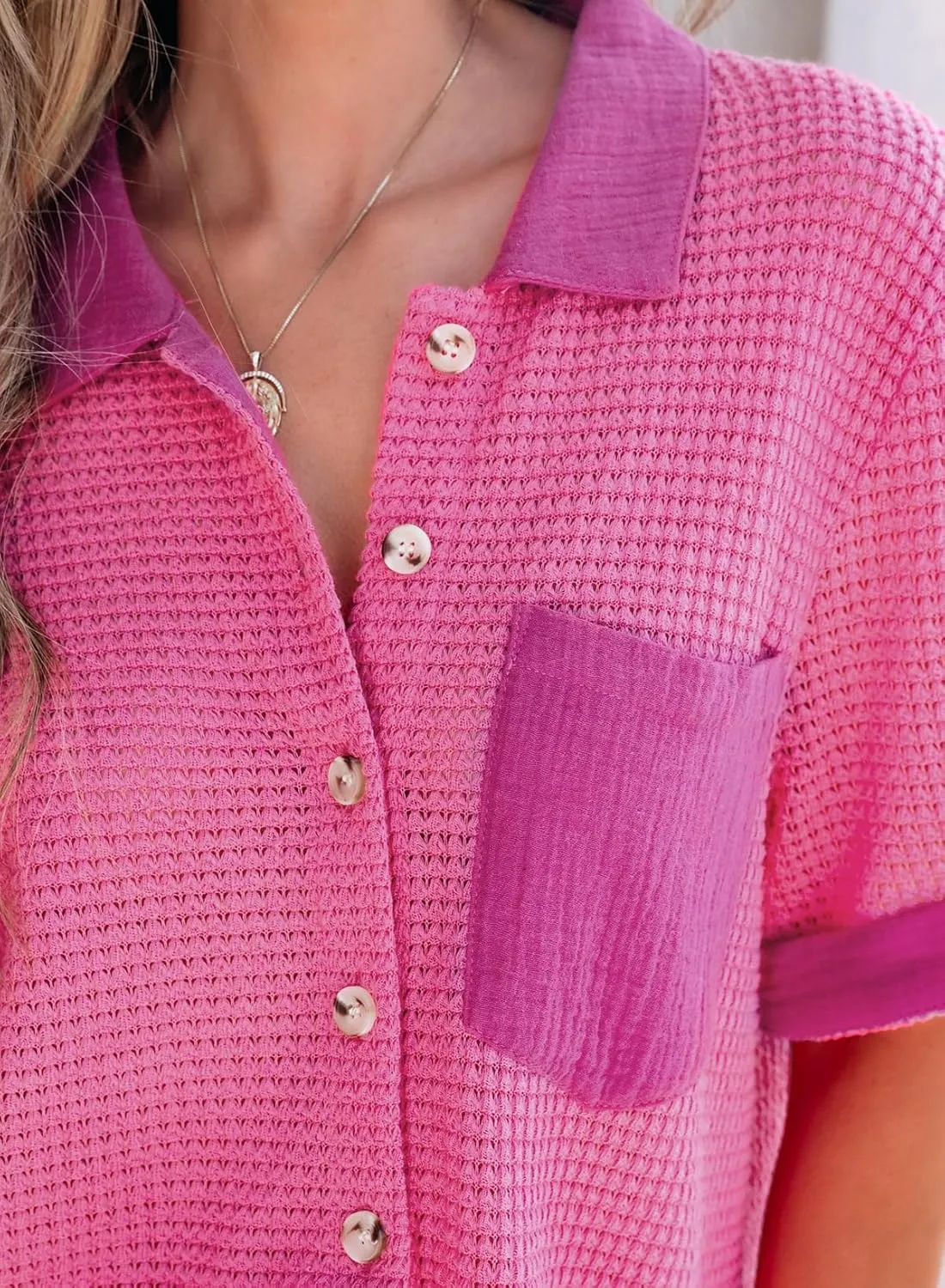 Astylish Womens Waffle Knit Button Down Shirts Tops Casual V Neck Short Folded Sleeve Dressy Blouses