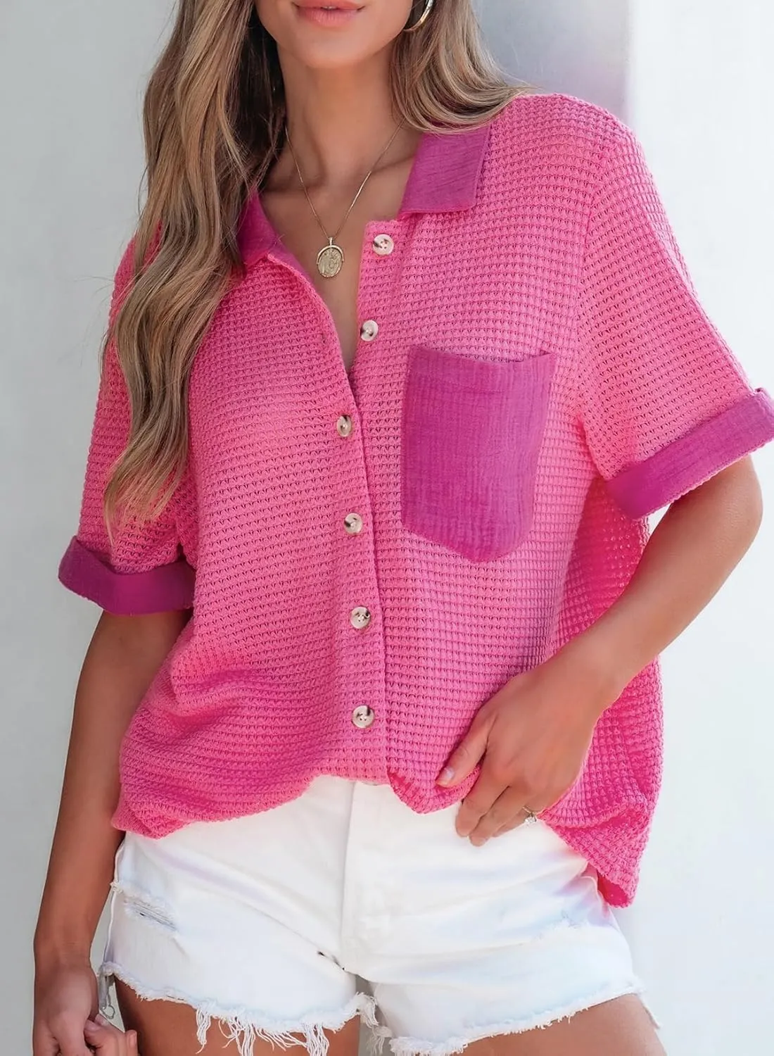 Astylish Womens Waffle Knit Button Down Shirts Tops Casual V Neck Short Folded Sleeve Dressy Blouses
