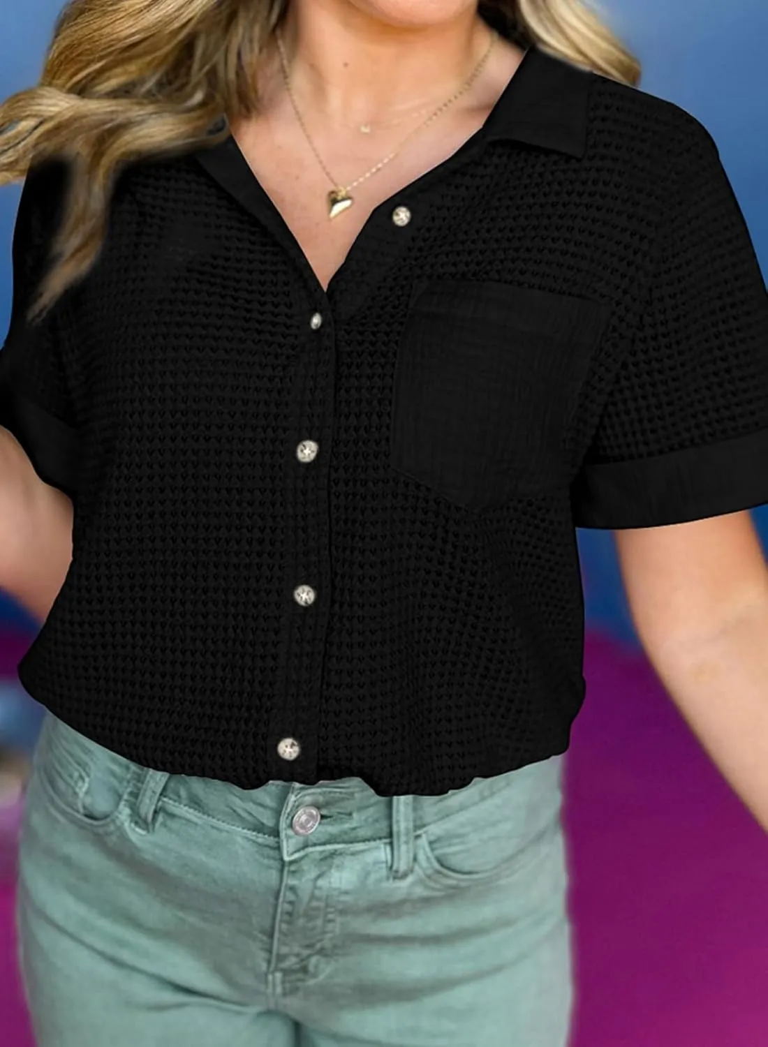 Astylish Womens Waffle Knit Button Down Shirts Tops Casual V Neck Short Folded Sleeve Dressy Blouses