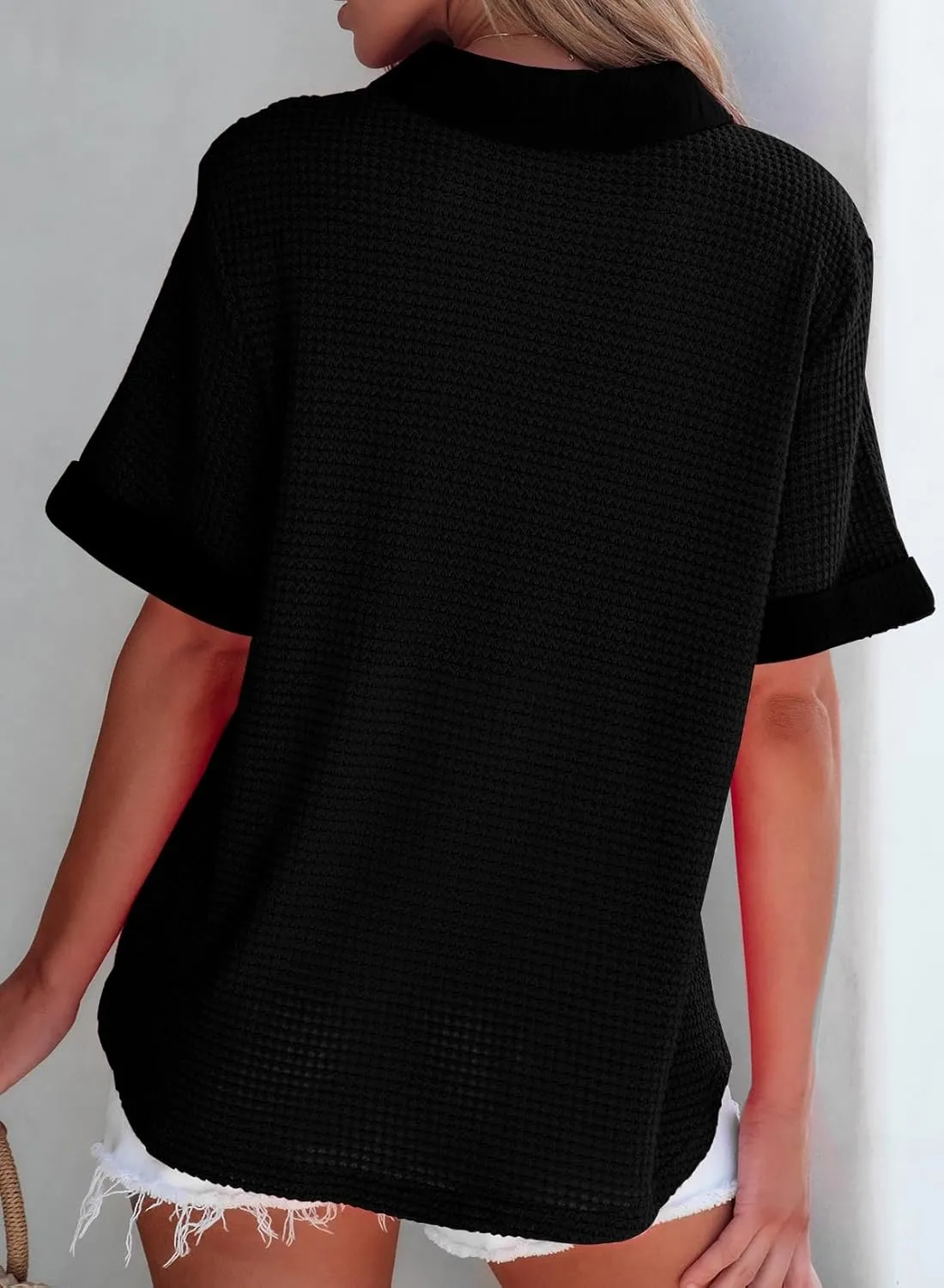 Astylish Womens Waffle Knit Button Down Shirts Tops Casual V Neck Short Folded Sleeve Dressy Blouses