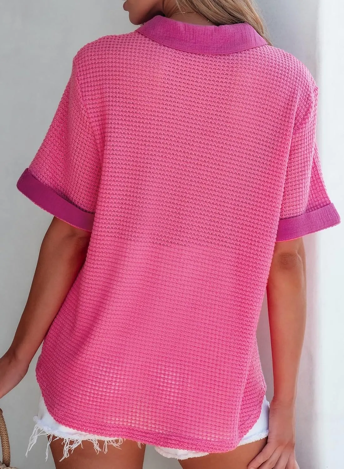 Astylish Womens Waffle Knit Button Down Shirts Tops Casual V Neck Short Folded Sleeve Dressy Blouses