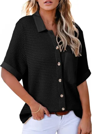 Astylish Womens Waffle Knit Button Down Shirts Tops Casual V Neck Short Folded Sleeve Dressy Blouses