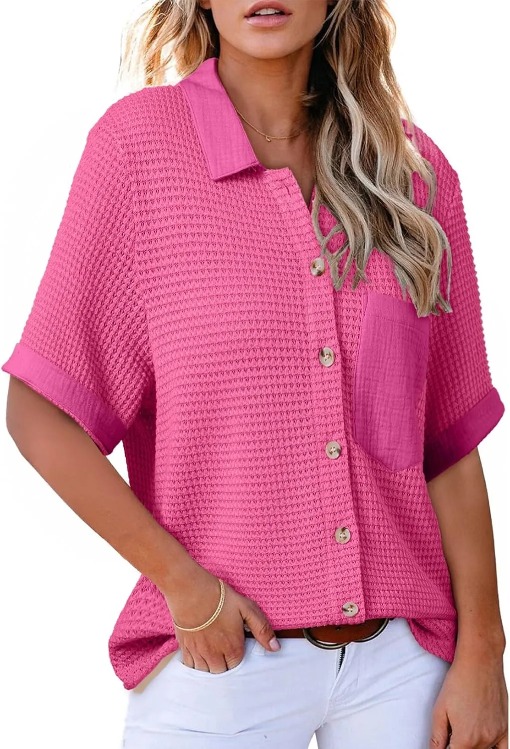 Astylish Womens Waffle Knit Button Down Shirts Tops Casual V Neck Short Folded Sleeve Dressy Blouses