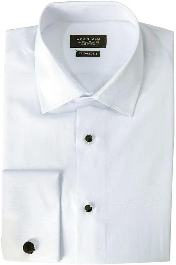 AZAR White Tuxedo Herringbone Textured French Cuff Dress Shirt with Black & Silver Studs/Cufflink