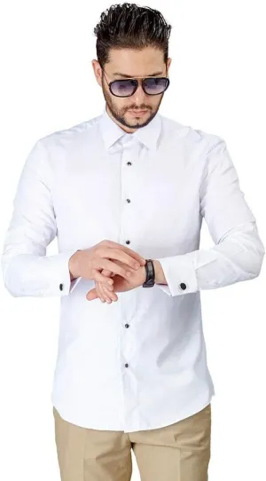 AZAR White Tuxedo Herringbone Textured French Cuff Dress Shirt with Black & Silver Studs/Cufflink