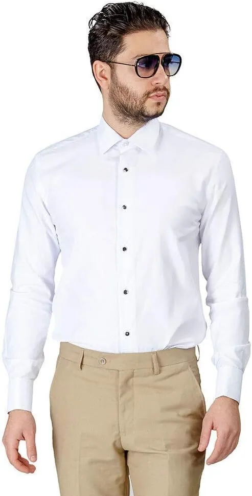 AZAR White Tuxedo Herringbone Textured French Cuff Dress Shirt with Black & Silver Studs/Cufflink