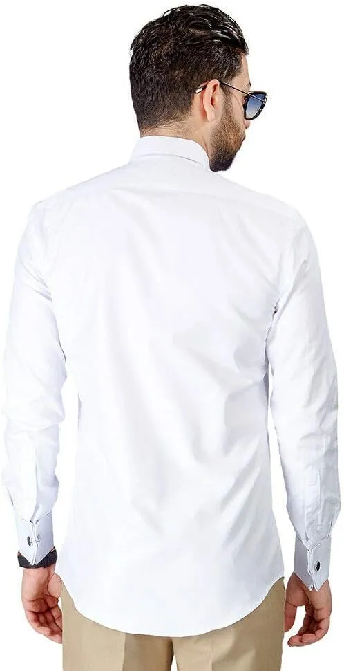 AZAR White Tuxedo Herringbone Textured French Cuff Dress Shirt with Black & Silver Studs/Cufflink