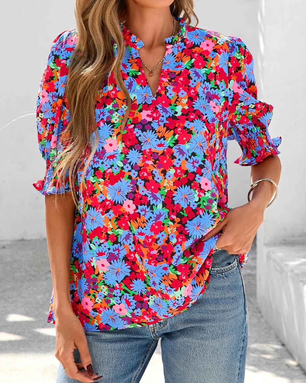 BTFBM Summer Blouses for Women Dressy Casual 2025 Spring Floral Boho Shirts V Neck Puff Short Sleeve Business Work Tops