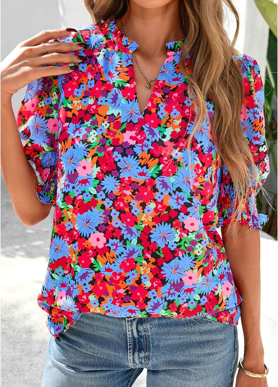 BTFBM Summer Blouses for Women Dressy Casual 2025 Spring Floral Boho Shirts V Neck Puff Short Sleeve Business Work Tops