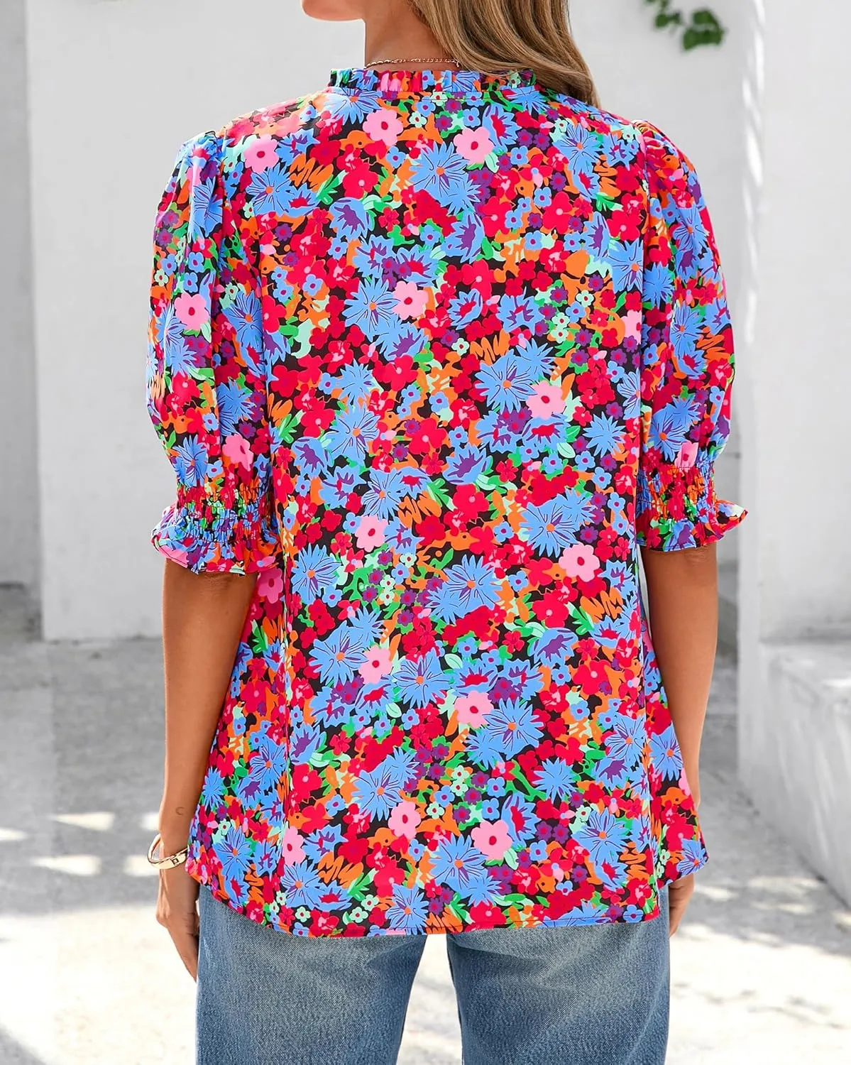 BTFBM Summer Blouses for Women Dressy Casual 2025 Spring Floral Boho Shirts V Neck Puff Short Sleeve Business Work Tops