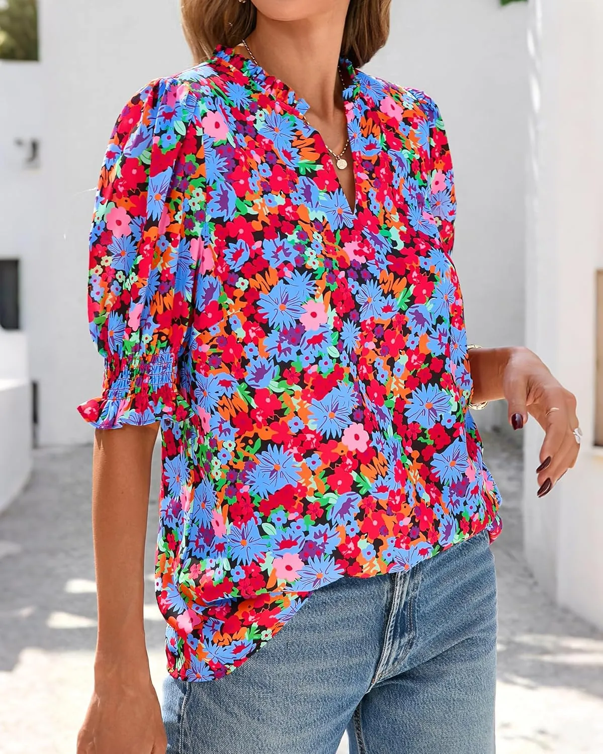 BTFBM Summer Blouses for Women Dressy Casual 2025 Spring Floral Boho Shirts V Neck Puff Short Sleeve Business Work Tops