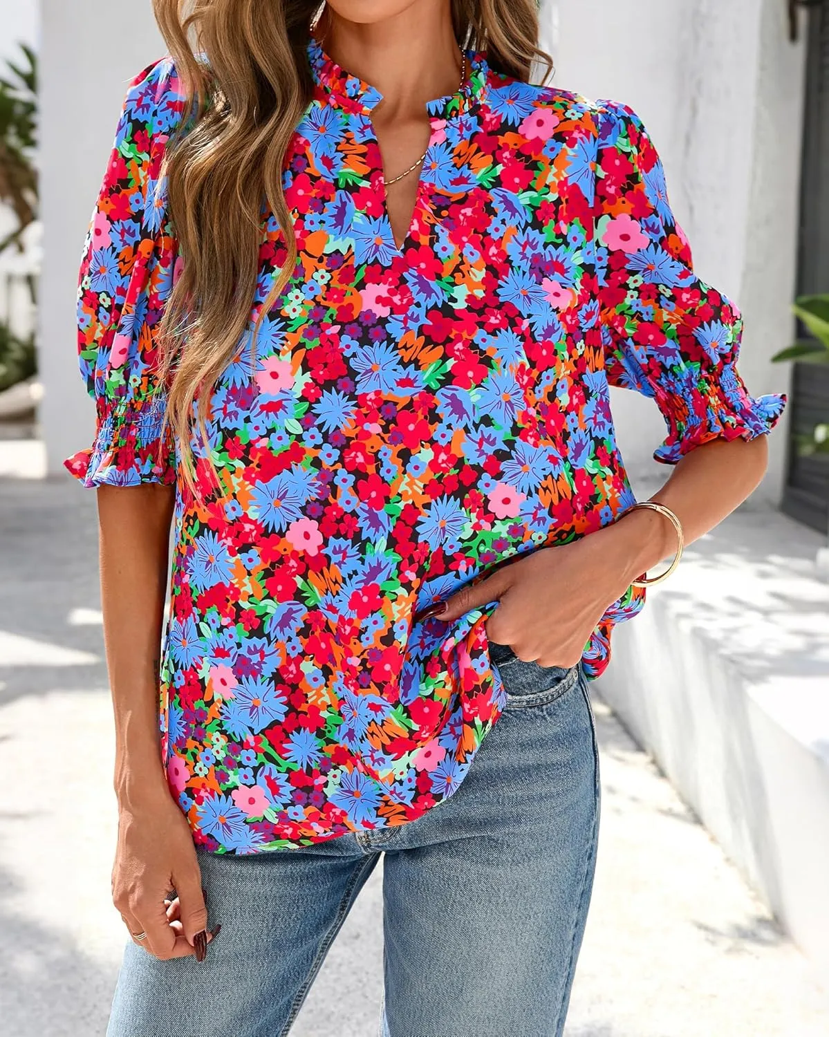 BTFBM Summer Blouses for Women Dressy Casual 2025 Spring Floral Boho Shirts V Neck Puff Short Sleeve Business Work Tops
