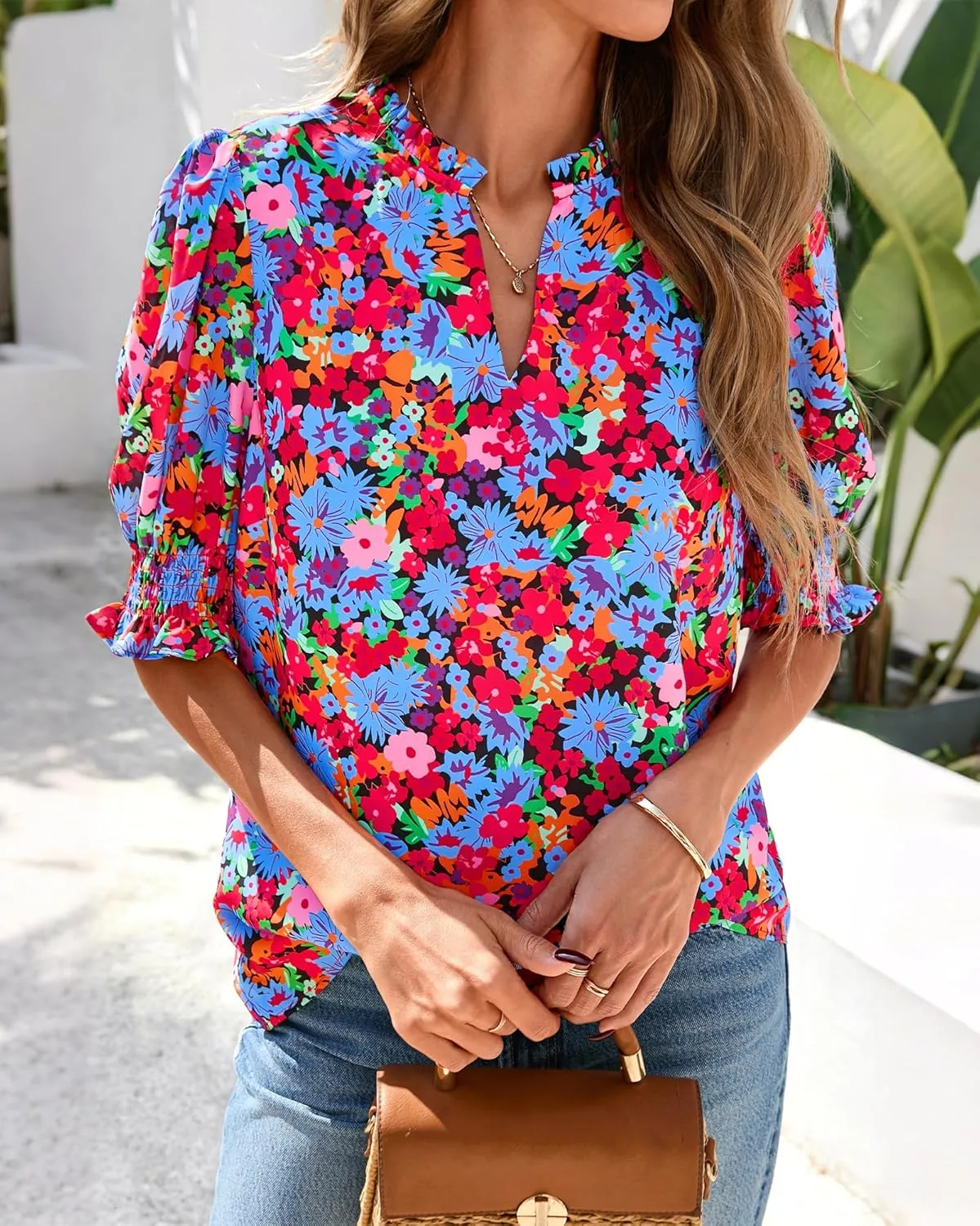 BTFBM Summer Blouses for Women Dressy Casual 2025 Spring Floral Boho Shirts V Neck Puff Short Sleeve Business Work Tops