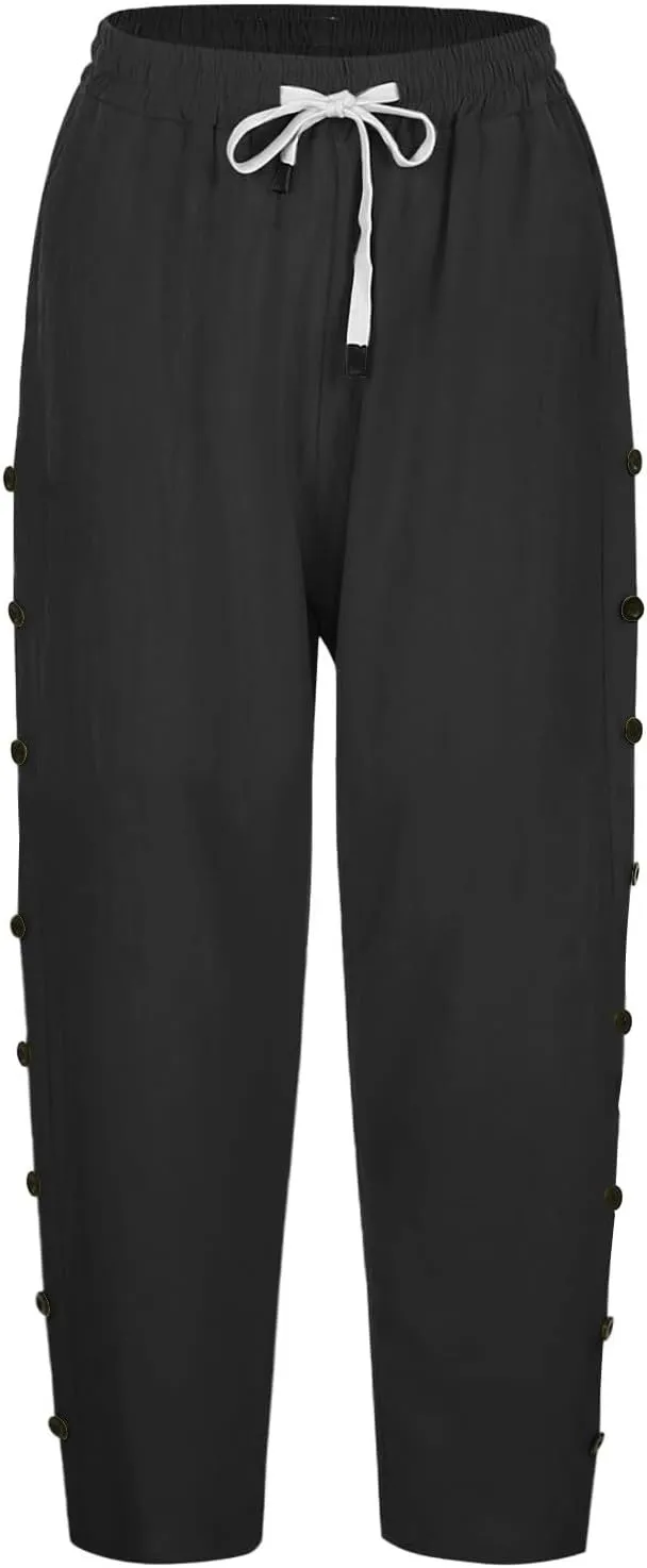 Capri Pants for Women Summer High Waist Elastic Straight Leg Lounge Pant Lightweight Side Button Beach Trousers