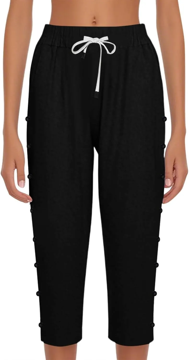Capri Pants for Women Summer High Waist Elastic Straight Leg Lounge Pant Lightweight Side Button Beach Trousers
