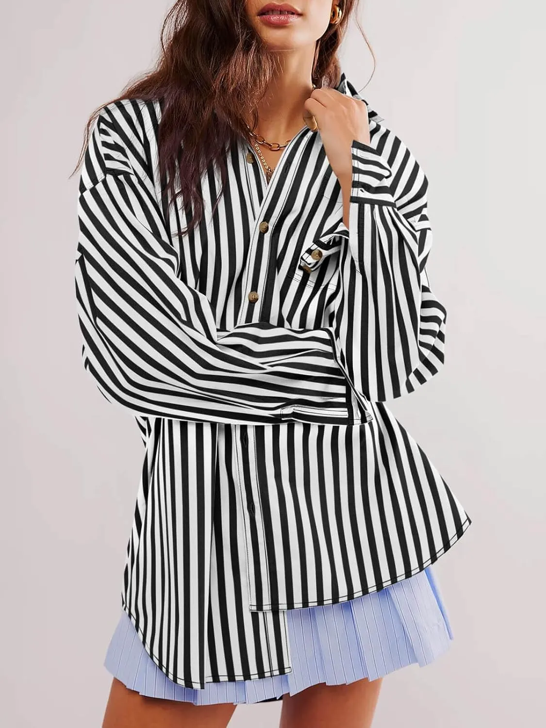 Cicy Bell Womens Oversized Striped Button Down Shirts Boyfriend Long Sleeve Collared Work Blouses
