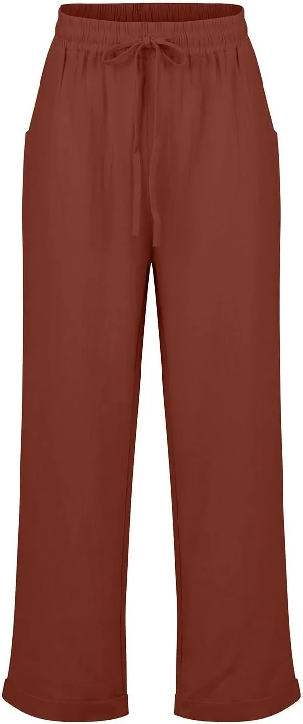 Cropped Linen Pants Women Plus Size Drawstring Elastic High Waisted Joggers Lightweight Summer Ankle Pants w/Pockets