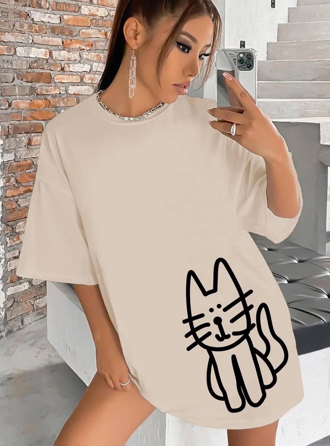 Cute Cat Shirts for Women Oversized Black Cat Graphic Tshirt Casual T-Shirt Kawaii Tees Aesthetic Funny Tops