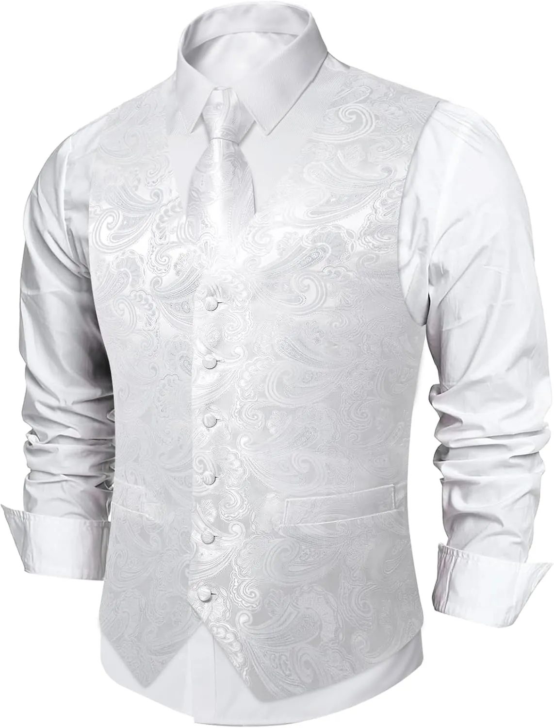 DiBanGu Mens Vest and Tie Set Formal Paisley Waistcoat and Necktie Pocket Square Cufflinks Silk Suit Vest for Tuxedo Wedding