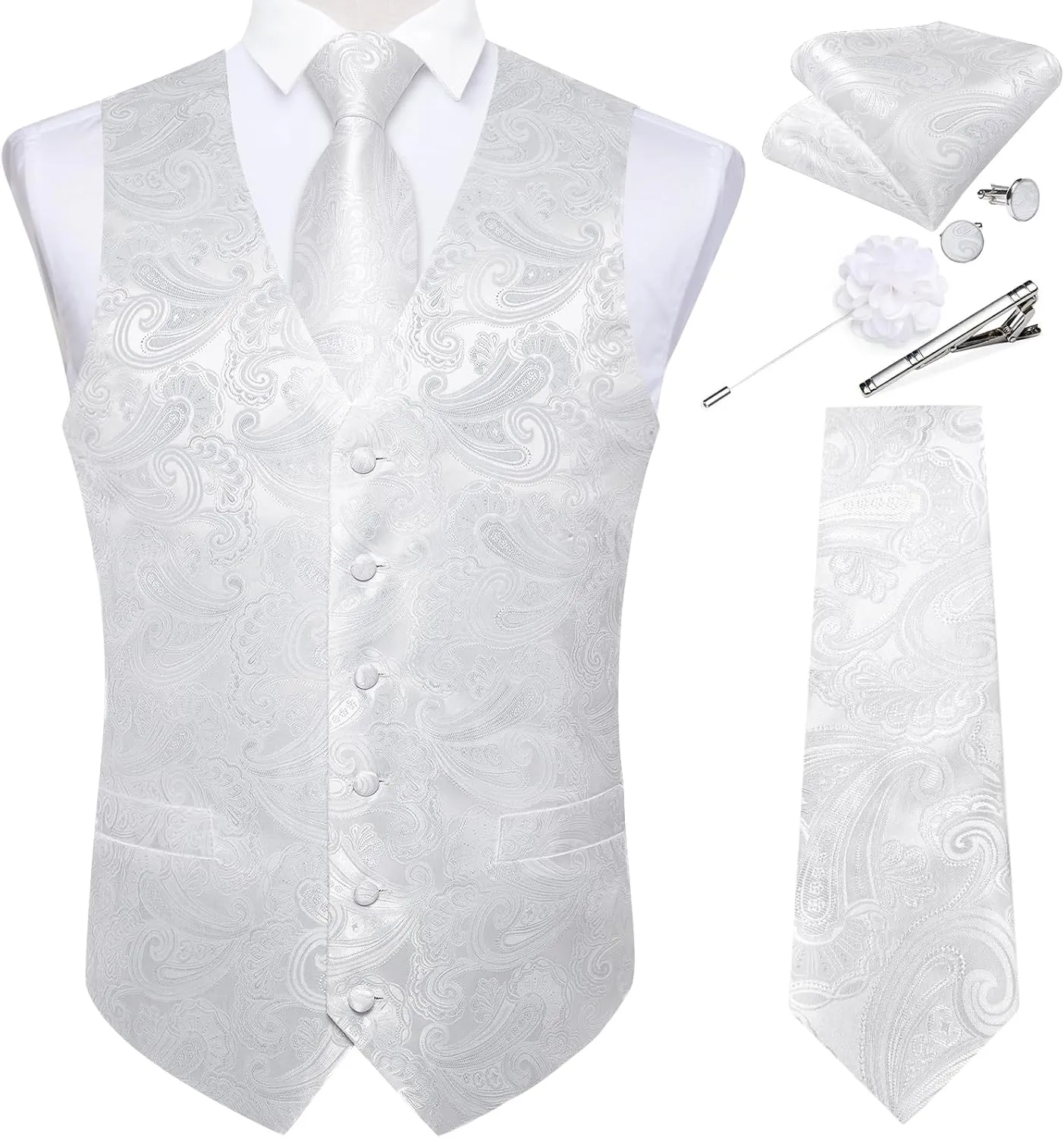 DiBanGu Mens Vest and Tie Set Formal Paisley Waistcoat and Necktie Pocket Square Cufflinks Silk Suit Vest for Tuxedo Wedding