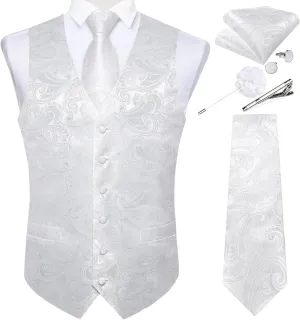 DiBanGu Mens Vest and Tie Set Formal Paisley Waistcoat and Necktie Pocket Square Cufflinks Silk Suit Vest for Tuxedo Wedding