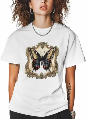 Graphic Women's T-Shirts, Hand Painted Butterfly Medieval Retro Watercolor T Shirts for Women Crew Neck Tees Cotton Tops White, L
