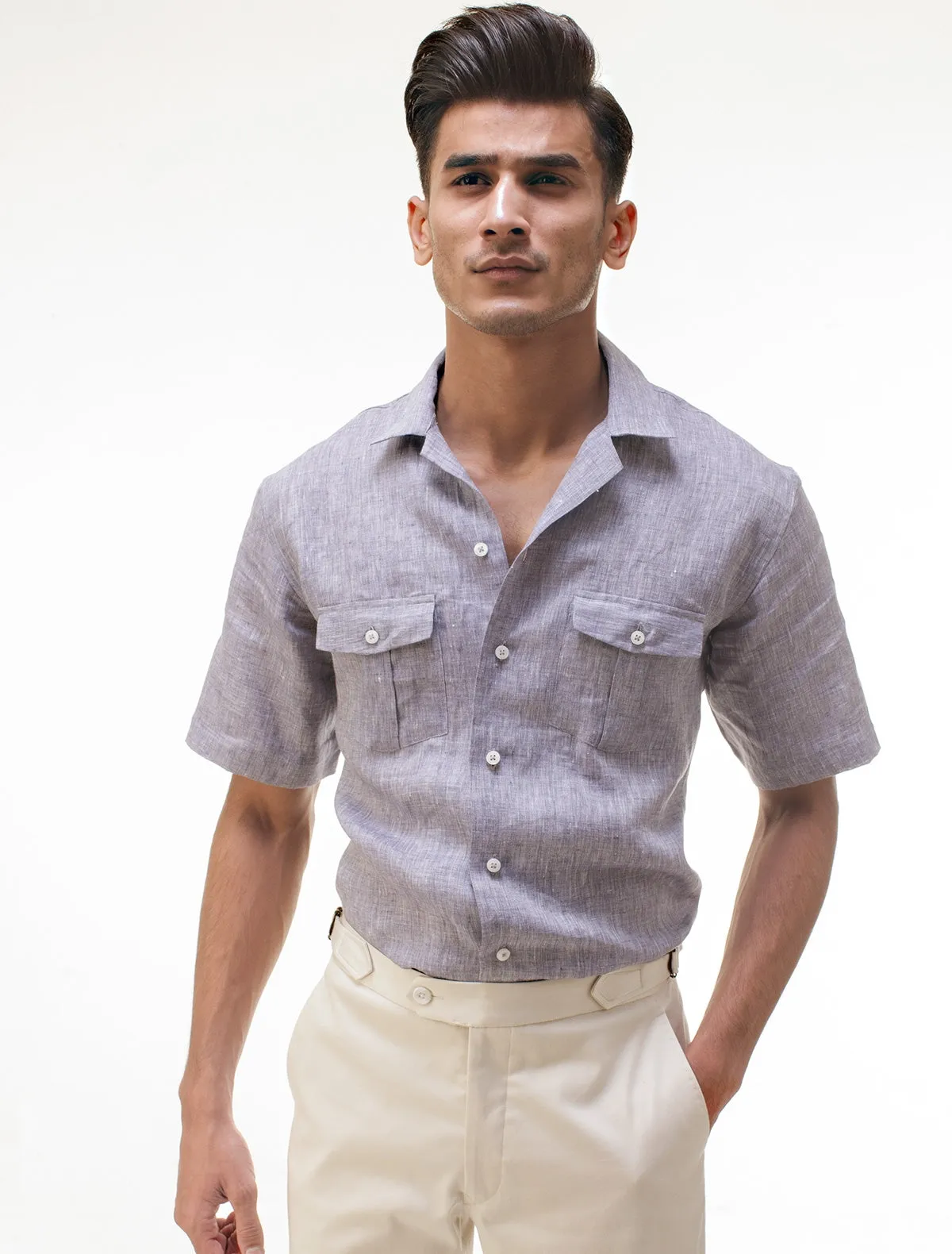 GRAY DOUBLE POCKET LINEN SHIRT