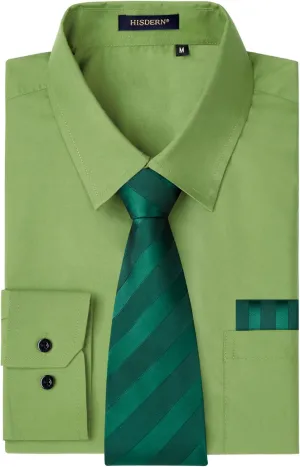 HISDERN Mens Dress Shirt with Tie Pocket Square Set Classic Button Down Shirt Matching Tie Long Sleeve Shirts