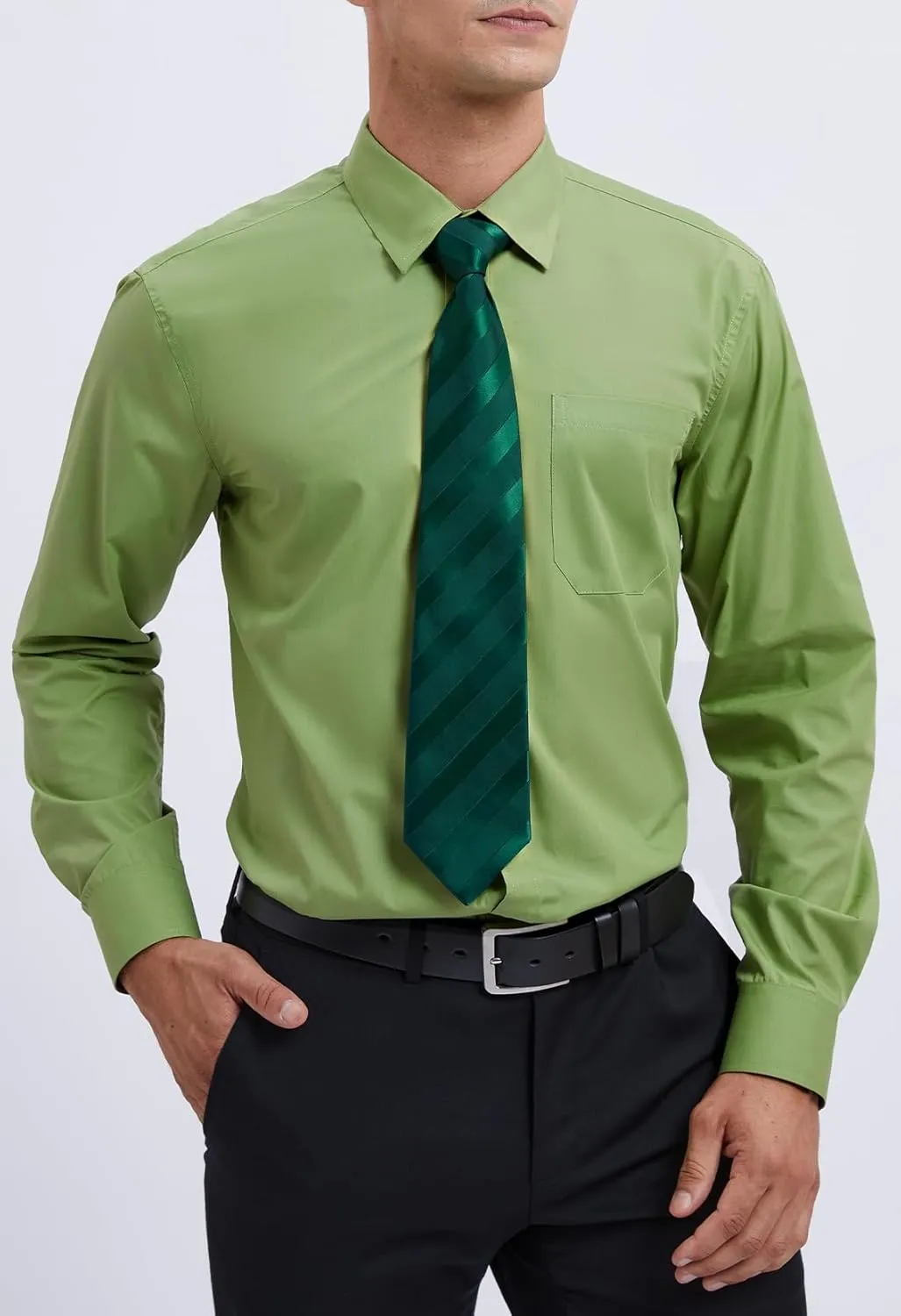 HISDERN Mens Dress Shirt with Tie Pocket Square Set Classic Button Down Shirt Matching Tie Long Sleeve Shirts