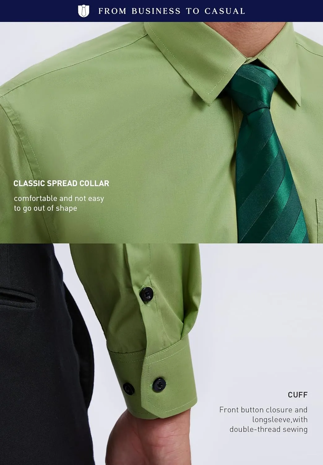 HISDERN Mens Dress Shirt with Tie Pocket Square Set Classic Button Down Shirt Matching Tie Long Sleeve Shirts