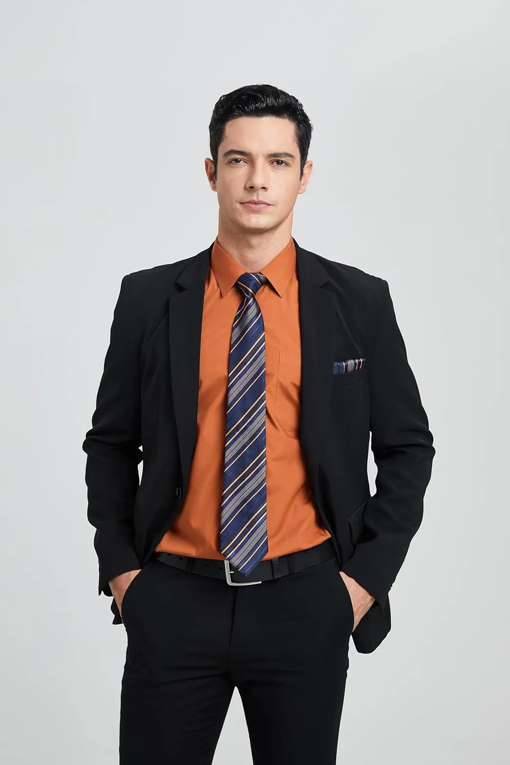 HISDERN Mens Dress Shirt with Tie Pocket Square Set Classic Button Down Shirt Matching Tie Long Sleeve Shirts