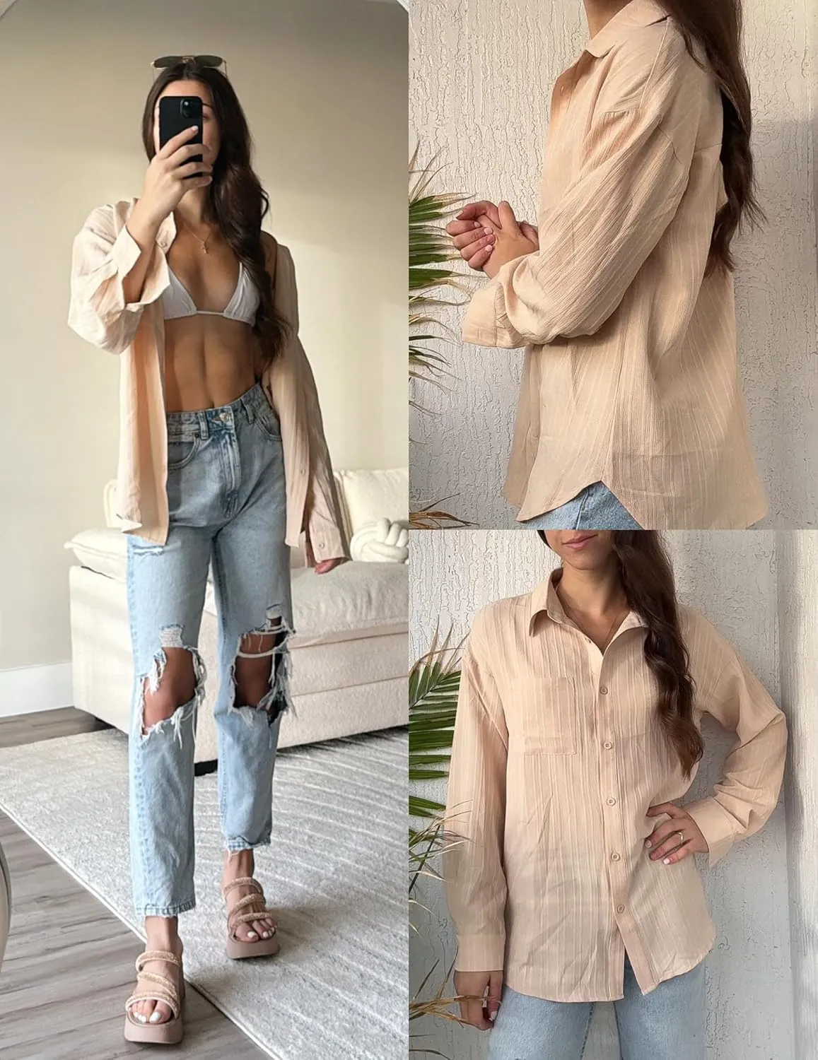 HOTOUCH Womens Button Down Shirt Casual Long Sleeves Loose fit Classic Collared Blouses Fasion Textured Top with Pockets