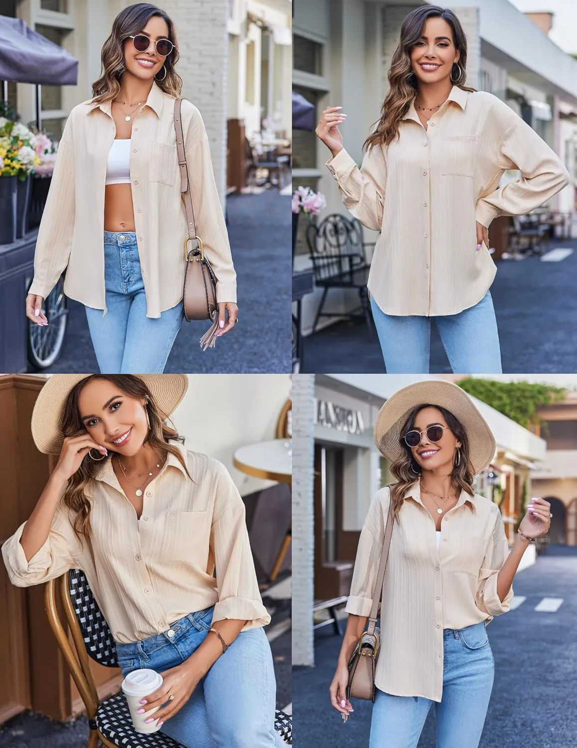 HOTOUCH Womens Button Down Shirt Casual Long Sleeves Loose fit Classic Collared Blouses Fasion Textured Top with Pockets