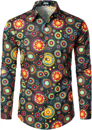 JOGAL Mens 70s Floral Dress Shirt Long Sleeve Printed Casual Button Down Shirts