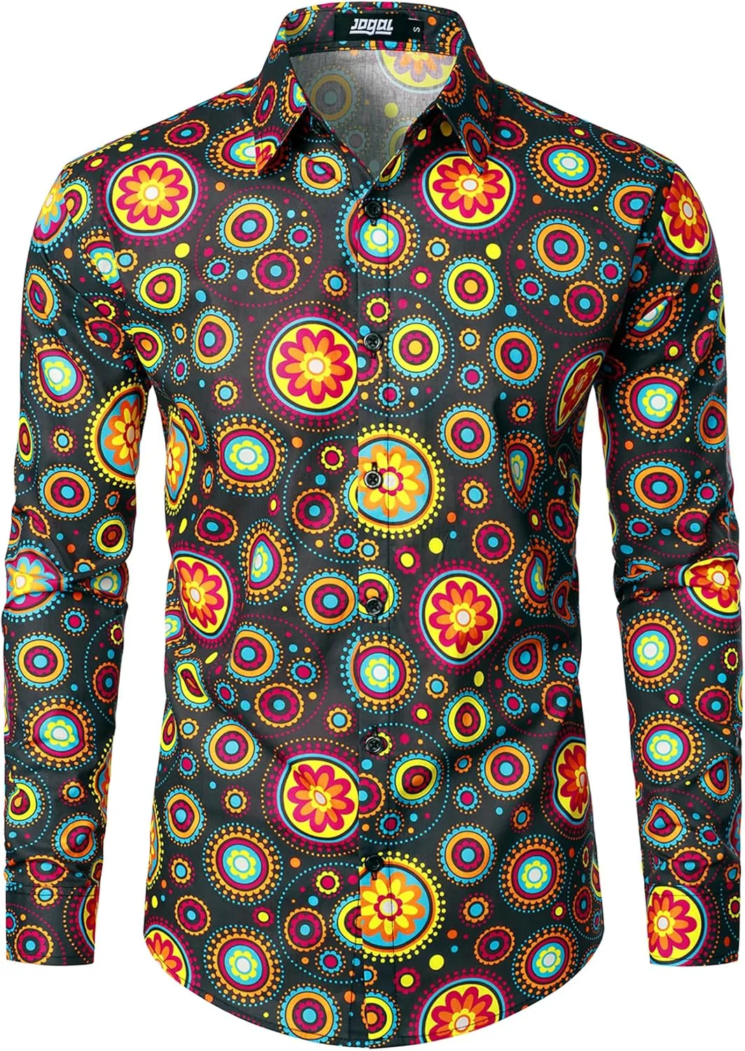 JOGAL Mens 70s Floral Dress Shirt Long Sleeve Printed Casual Button Down Shirts