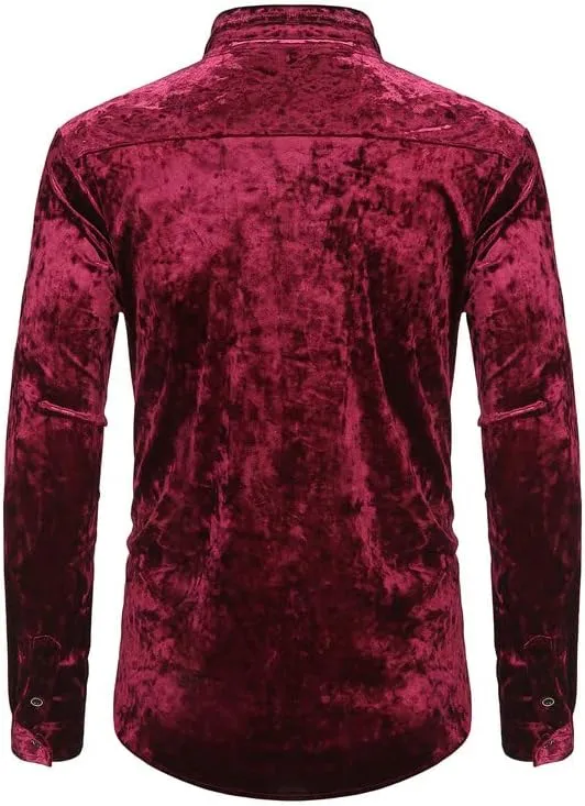 KISSQIQI Mens Dress Shirts Velvet Long Sleeve Shirts Casual Button Down Solid Slim Fit Muscle Shirt for Wedding Party