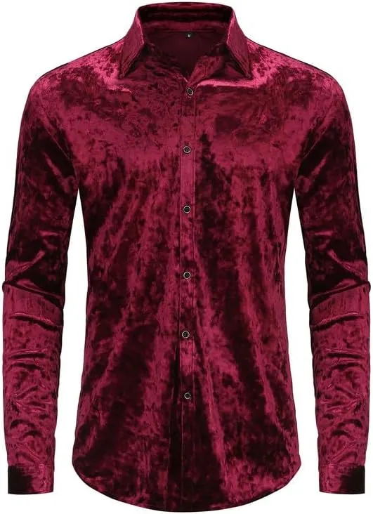 KISSQIQI Mens Dress Shirts Velvet Long Sleeve Shirts Casual Button Down Solid Slim Fit Muscle Shirt for Wedding Party