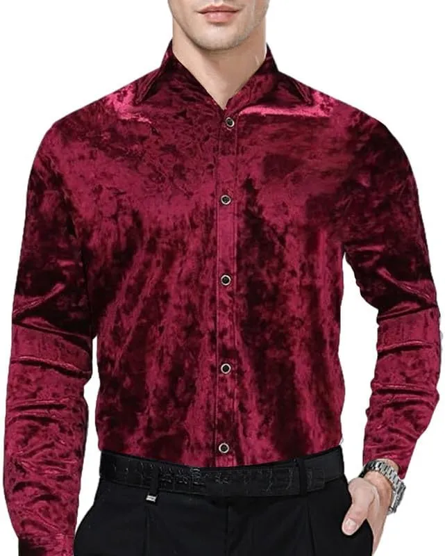 KISSQIQI Mens Dress Shirts Velvet Long Sleeve Shirts Casual Button Down Solid Slim Fit Muscle Shirt for Wedding Party