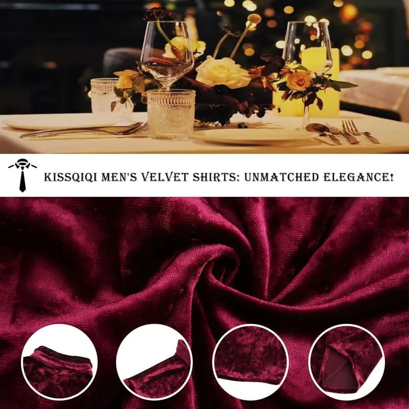 KISSQIQI Mens Dress Shirts Velvet Long Sleeve Shirts Casual Button Down Solid Slim Fit Muscle Shirt for Wedding Party