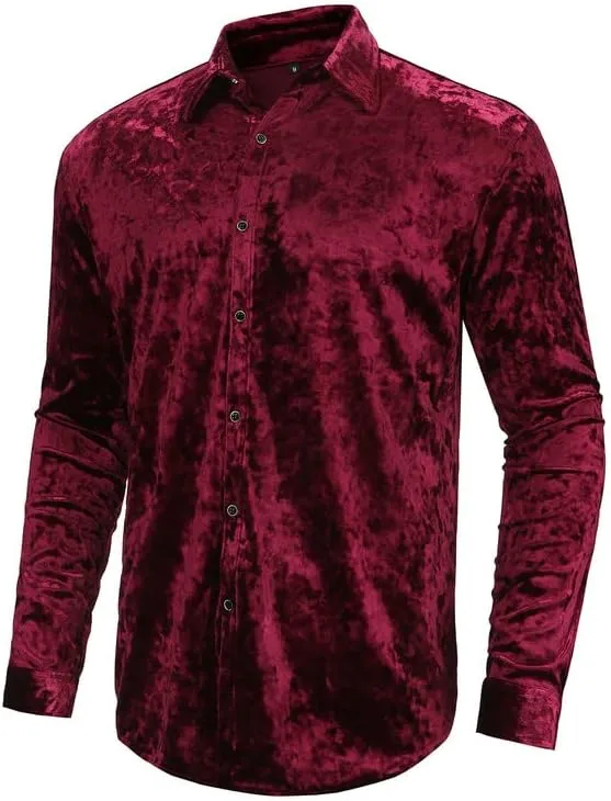 KISSQIQI Mens Dress Shirts Velvet Long Sleeve Shirts Casual Button Down Solid Slim Fit Muscle Shirt for Wedding Party