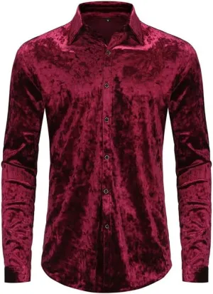 KISSQIQI Mens Dress Shirts Velvet Long Sleeve Shirts Casual Button Down Solid Slim Fit Muscle Shirt for Wedding Party