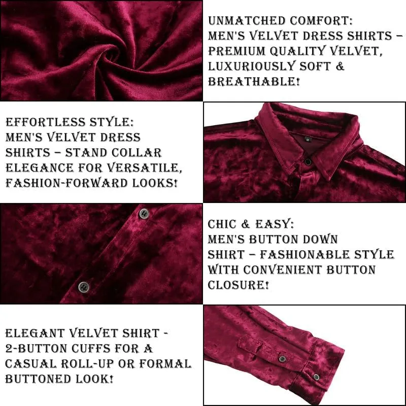 KISSQIQI Mens Dress Shirts Velvet Long Sleeve Shirts Casual Button Down Solid Slim Fit Muscle Shirt for Wedding Party