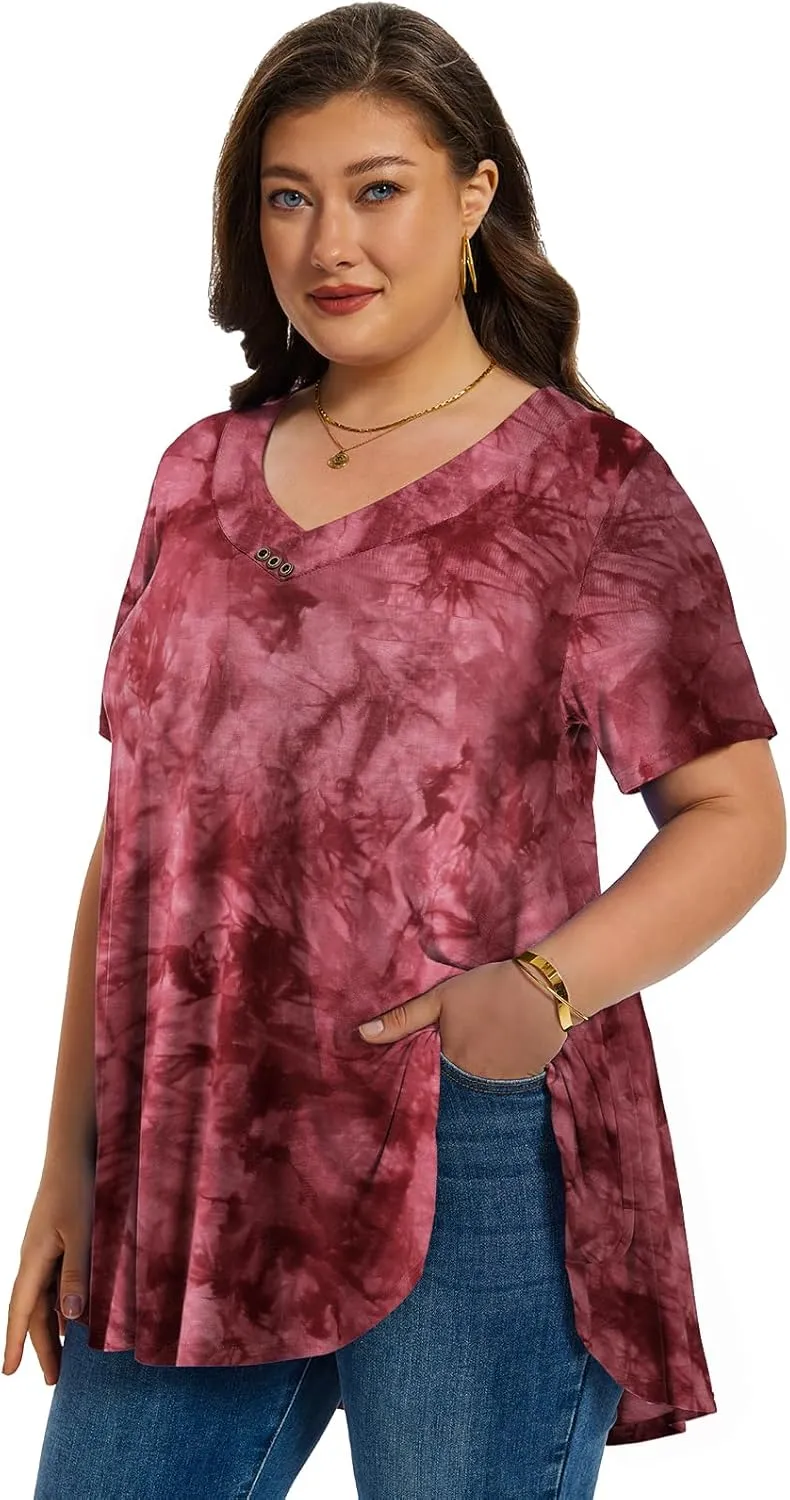 LARACE Plus Size Tops for Womens T Shirts Button Down Summer Clothes Short Sleeve Tunics Casual V Neck Blouses