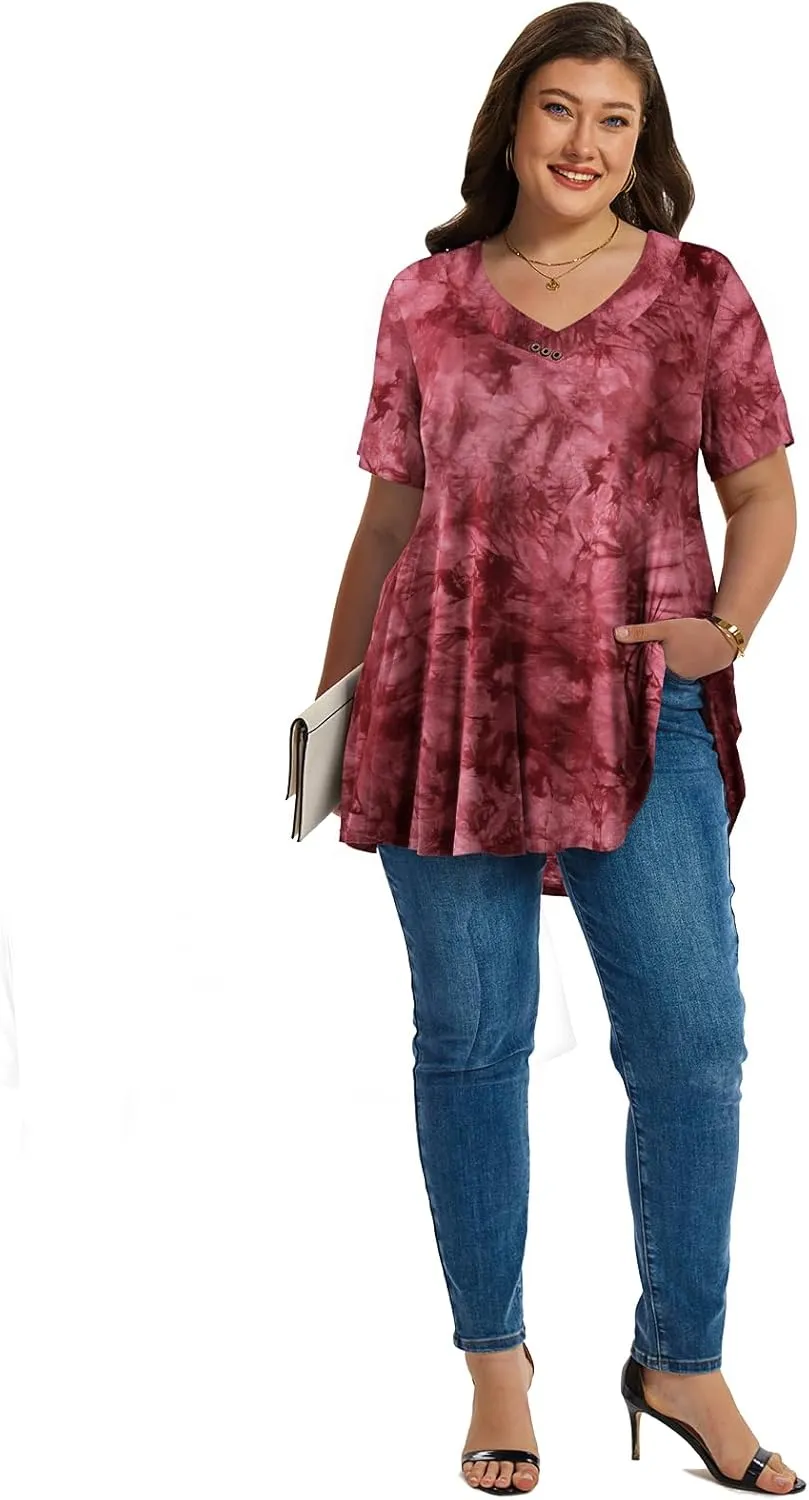 LARACE Plus Size Tops for Womens T Shirts Button Down Summer Clothes Short Sleeve Tunics Casual V Neck Blouses
